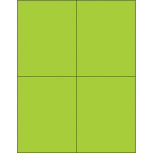 A minimalistic design features a green square split into four by black lines, echoing the vivid and striking look of MH-USA 4 1/4 x 5 1/2 Fluorescent Green Rectangle Laser Labels (4/Sheet).