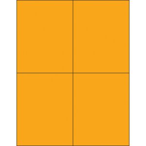 An image of MH-USA 4 1/4 x 5 1/2 Fluorescent Orange Rectangle Laser Labels (4/Sheet) shows them arranged in a square with a central cross-like line, forming a 2x2 grid.