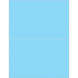 The MH-USA 8 1/2 x 5 1/2 Fluorescent Pastel Blue Rectangle Laser Labels feature a light blue rectangular shape divided into two equal sections on each sheet.