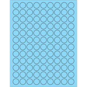 The blue sheet features a grid of 8 columns and 13 rows, ideal for organizing labels—each circle aligns perfectly with MH-USA 3/4 Fluorescent Pastel Blue Circle Laser Labels, offering 108 labels per sheet.