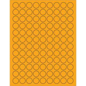 Using MH-USA 3/4 Fluorescent Orange Circle Laser Labels, each sheet displays a grid of black-outlined circles in rows and columns, providing 108 labels per sheet. Each box contains 100 sheets.