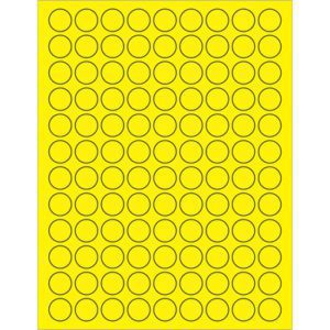 The MH-USA 3/4 fluorescent yellow circle laser labels feature a grid of 108 evenly spaced, black-outlined vibrant labels per sheet, sold in boxes of 100 sheets.