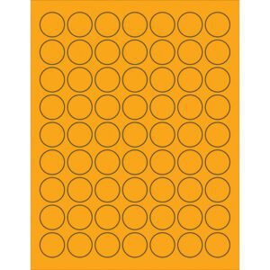The MH-USA 1 Fluorescent Orange Circle Laser Labels consist of 63 black-outlined labels on a solid orange background per sheet, arranged in six rows and nine columns, across 100 sheets per box.