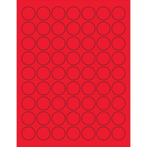 A sheet of MH-USA 1 Fluorescent Red Circle Laser Labels contains 63 vivid stickers, outlined in black and arranged in a grid, ideal for adding vibrant color to various projects.