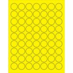 The MH-USA 1 Fluorescent Yellow Circle Laser Labels feature 63 black-outlined circles per sheet, arranged in seven rows and nine columns. They come with 100 sheets per box, offering a vibrant grid on a bright yellow background.