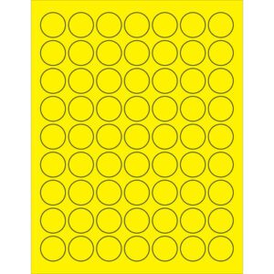 The MH-USA 1 Fluorescent Yellow Circle Laser Labels feature 63 black-outlined circles per sheet, arranged in seven rows and nine columns. They come with 100 sheets per box, offering a vibrant grid on a bright yellow background.
