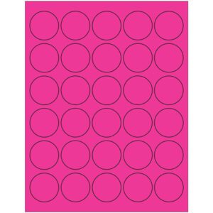 A sheet of MH-USA 1 1/2 Fluorescent Pink Circle Laser Labels (30/Sheet) features vivid pink circles arranged in a 5x6 grid with thin black outlines for an eye-catching display.