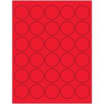 A grid of 24 black-outlined circles on a vibrant MH-USA Fluorescent Red Circle Laser Labels (30/Sheet) background.