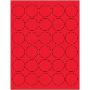A grid of 24 black-outlined circles on a vibrant MH-USA Fluorescent Red Circle Laser Labels (30/Sheet) background.