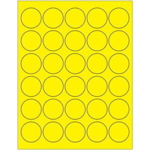 A sheet with 24 blank circles on a vibrant yellow background, arranged in a 4x6 grid, similar to the MH-USA 1 1/2 Fluorescent Yellow Circle Laser Labels (30/Sheet) for precision and style.