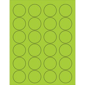 The MH-USA 1 5/8 Fluorescent Green Circle Laser Labels feature a grid of vibrant green circles with black outlines, arranged in four columns and six rows. Each sheet contains 24 labels, providing a bold and striking design to enhance any project.