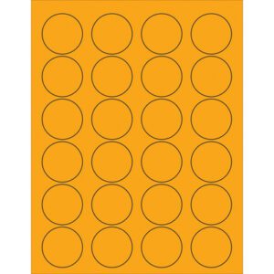 The MH-USA 1 5/8 fluorescent orange circle laser labels feature a grid of five columns and five rows with evenly spaced, outlined circles on an orange background. Each sheet contains 24 labels, and the box includes 100 sheets.