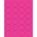MH-USA 1 5/8 fluorescent pink circle laser labels (24/sheet) feature evenly spaced black-outlined circles arranged in four columns and six rows. Each box contains 100 sheets for convenience.
