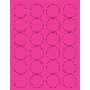 MH-USA 1 5/8 fluorescent pink circle laser labels (24/sheet) feature evenly spaced black-outlined circles arranged in four columns and six rows. Each box contains 100 sheets for convenience.