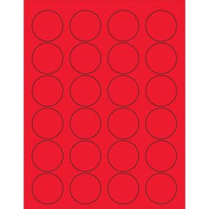 A sheet of fluorescent red paper with five columns and rows features 25 perfectly spaced circles, similar to the MH-USA 1 5/8 Fluorescent Red Circle Laser Labels, which has 24 labels per sheet in a box of 100 sheets.