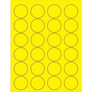 The MH-USA 1 5/8 fluorescent yellow laser labels include four columns and six rows of evenly spaced circles, offering 24 vibrant labels per sheet for efficient organization.