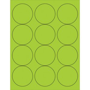A sheet beautifully displays 12 MH-USA 2 1/2 Fluorescent Green Circle Laser Labels, outlined in black, arranged in a 3x4 grid on a green background for vibrant organization.