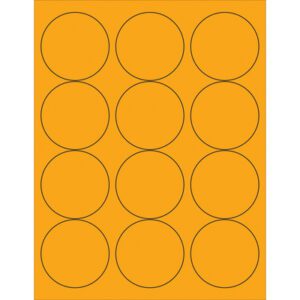 A sheet showcasing MH-USA 2 1/2 Fluorescent Orange Circle Laser Labels includes a precise 3x4 grid pattern with twelve black-outlined circles.
