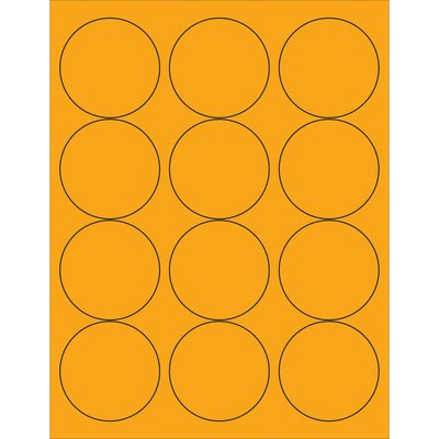 LL194OR.jpg A sheet showcasing MH-USA 2 1/2 Fluorescent Orange Circle Laser Labels includes a precise 3x4 grid pattern with twelve black-outlined circles.