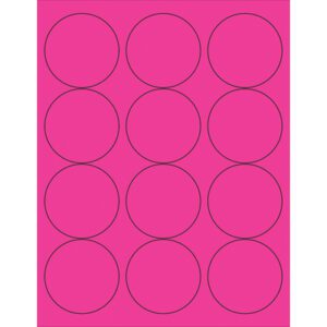 The MH-USA 2 1/2 Fluorescent Pink Circle Laser Labels feature a vibrant pink background with twelve black-outlined circles arranged in a precise 3x4 grid, perfect for all labeling needs.