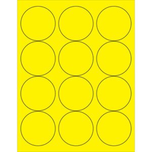 The MH-USA 2 1/2 Fluorescent Yellow Circle Laser Labels offer a bright, organized look with twelve black-outlined circles in a 3x4 grid per sheet.