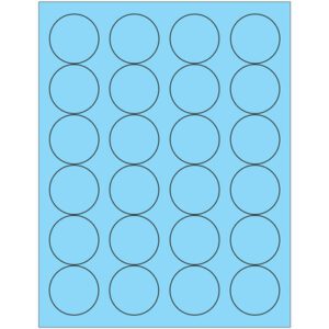A blue sheet with five columns and five rows of black-outlined circles resembles MH-USA 1 2/3 Fluorescent Pastel Blue Circle Laser Labels, offering 24 labels per sheet and available in boxes of 100 sheets.