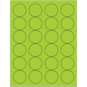 Each sheet of MH-USA 1 2/3 fluorescent green circle laser labels has 24 black outlined circles, with five rows and five columns, in a box containing 100 sheets.