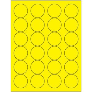 A sheet of MH-USA 1 2/3 Fluorescent Yellow Circle Laser Labels contains 24 grid-arranged, black-outlined circles in four columns and six rows.