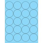 A sheet with five rows of four black-outlined circles on a pastel blue background displays MH-USA 2 Fluorescent Pastel Blue Circle Laser Labels, offering a total of 20 labels.