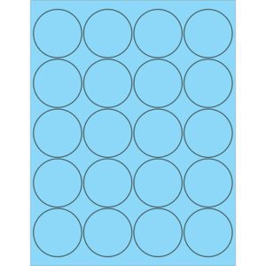 A sheet with five rows of four black-outlined circles on a pastel blue background displays MH-USA 2 Fluorescent Pastel Blue Circle Laser Labels, offering a total of 20 labels.