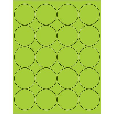 LL197GN.jpg The MH-USA 2 Fluorescent Green Circle Laser Labels feature a grid of black-outlined circles on a bright green background, with four rows and five circles each, offering 20 labels per sheet. Perfect for task organization, they come in a box containing 100 sheets.