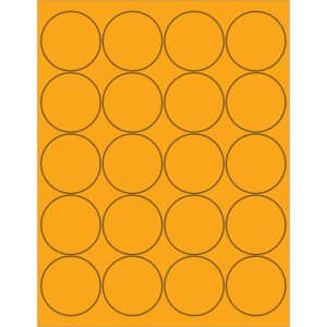 A sheet of MH-USA 2 Fluorescent Orange Circle Laser Labels, with 20 labels per sheet and arranged in three rows of six with black outlines, ensures vibrant organization and visibility.