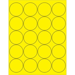A grid of 20 black-outlined circles on a yellow sheet mirrors the precision of MH-USA 2 Fluorescent Yellow Circle Laser Labels, with four rows and five columns for optimal clarity and efficiency.