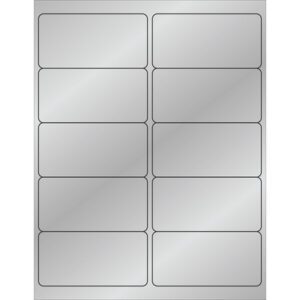 The MH-USA 4 x 2 Silver Foil Rectangle Laser Labels feature ten blank metallic labels per sheet, arranged in two columns and five rows, with rounded corners on a reflective surface. They are available in a pack of 100 sheets per box.