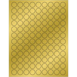 The sheet showcases MH-USA 3/4 Gold Foil Circle Laser Labels with 108 gold stickers in a grid, packaged with care at 100 sheets per box.