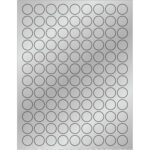 The MH-USA 3/4 Silver Foil Circle Laser Labels offer a sheet of 108 silver-colored circular labels, arranged in a grid. Each row has evenly spaced labels on a plain background, making them perfect for labeling.
