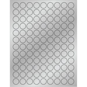 The MH-USA 3/4 Silver Foil Circle Laser Labels offer a sheet of 108 silver-colored circular labels, arranged in a grid. Each row has evenly spaced labels on a plain background, making them perfect for labeling.
