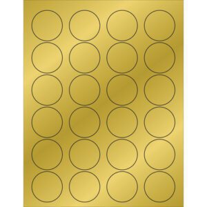 Each sheet of MH-USA 1 5/8 gold foil circle laser labels has a grid of four columns and six rows, totaling 24 round stickers. They are evenly spaced on the reflective golden sheet, with each box containing 100 sheets.