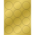 A gold sheet with twelve black-outlined circles arranged in three columns and four rows, like the MH-USA 2 1/2 Gold Foil Circle Laser Labels - 12/Sheet.