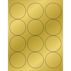 A gold sheet with twelve black-outlined circles arranged in three columns and four rows, like the MH-USA 2 1/2 Gold Foil Circle Laser Labels - 12/Sheet.