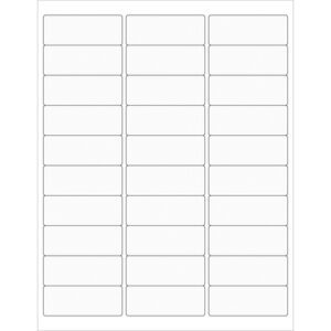 The MH-USA 2 5/8 x 1 clear rectangle laser labels come in a sheet of 30 labels, organized in three columns and ten rows, with fine separations against a plain white background, ideal for clarity and organization.