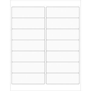 A sheet of MH-USA 4 x 1 1/3 clear rectangle laser labels has 14 labels arranged in three columns with five neatly spaced perforated lines for easy separation, set against a pristine white background.