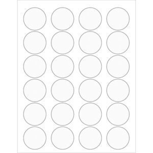 The MH-USA 1 5/8 Clear Circle Laser Labels sheet has sleek, circular labels arranged in a grid with a thin black outline on a pristine white background, totaling 24 per sheet.