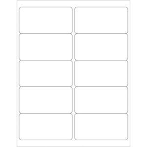 A blank sheet of MH-USA 4 x 2 weather-resistant laser labels has a rectangular design with rounded corners, arranged in two columns and five rows, totaling ten labels per sheet.