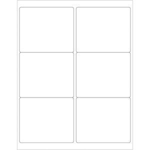 Image of a blank sheet featuring six MH-USA 4 x 3 1/3 Weather-Resistant Laser Labels, arranged in two columns and three rows. The thin-bordered labels are highlighted against the white background, designed to withstand any conditions.