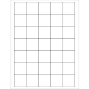 A blank 5x5 grid on a white background, similar to MH-USAs 1 1/2 x 1 1/2 white removable rectangle laser labels. Each square shares the precision of sheets with 35 labels.
