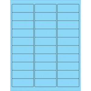 A sheet of MH-USA 2 5/8 x 1 Fluorescent Pastel Blue removable rectangle laser labels has a total of 30 labels, each elegantly highlighted with a distinctive black border.