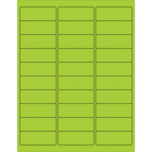 Each sheet of MH-USA 2 5/8 x 1 Fluorescent Green Removable Rectangle Laser Labels contains 30 labels arranged in three columns and ten rows. The labels are bright green, bordered with black, on a lighter green background.