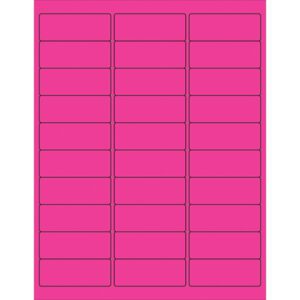 These MH-USA 2 5/8 x 1 fluorescent pink removable rectangle laser labels (30/sheet) are arranged in five columns and seven rows, providing a vibrant organizational solution.