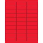 A sheet of MH-USA 2 5/8 x 1 Fluorescent Red Removable Rectangle Laser Labels (30/Sheet) features black-outlined, evenly spaced rectangular labels arranged in a grid.